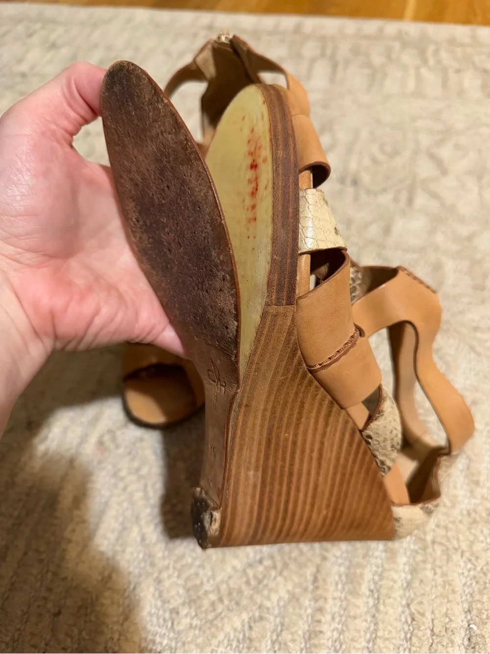 Cole Haan Tan Wedge Sandals with Snake-Print Straps